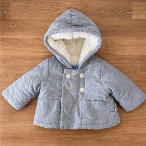 Jacadi Paris Chambray Grey Hooded Coat Sherpa Lined Size 3 month Designer Baby